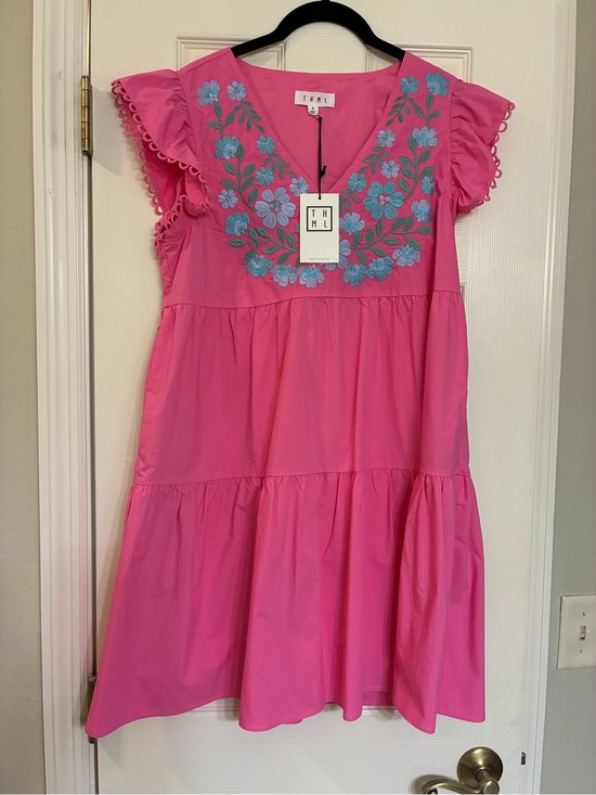 THML Dresses & Skirts - THML Girls' Bright Pink Dress with Blue Floral Embroidery